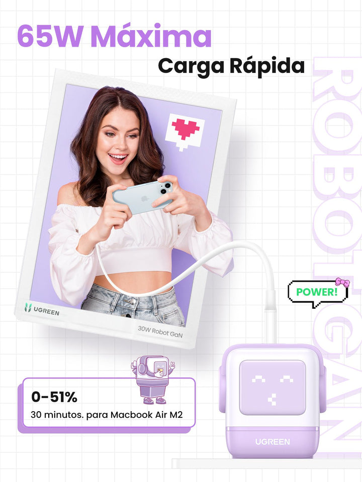 UGREEN Nexode RG Cargador USB C GaN de 65W con 3 Puertos (Morado)