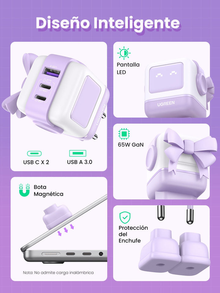 UGREEN Nexode RG Cargador USB C GaN de 65W con 3 Puertos (Morado)