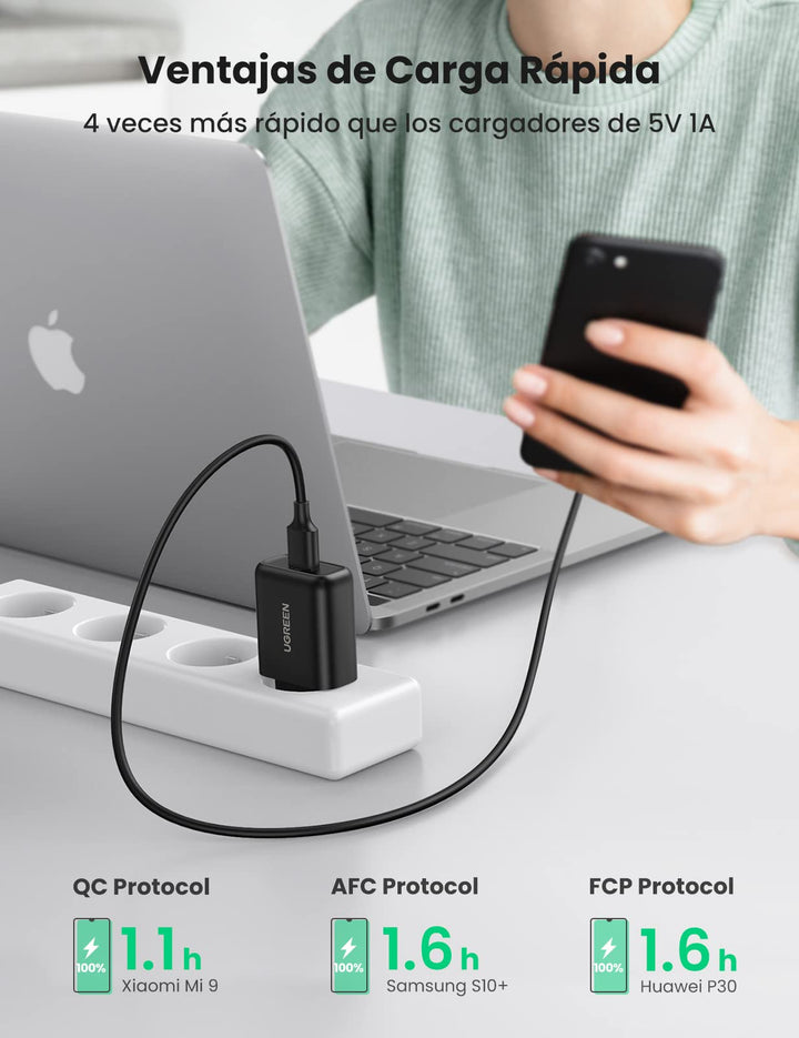 UGREEN 18W Cargador Quick Charge 3.0, Enchufe USB Carga Rápida con Cable USB C de 1M