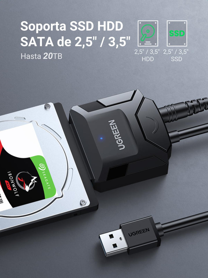 UGREEN Adaptador SATA 2,5" 3,5" HDD SSD 20TB, Cable SATA USB 3.0