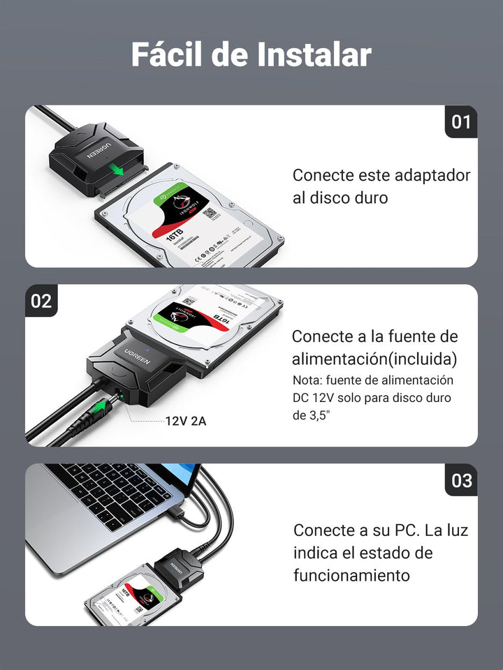 UGREEN Adaptador SATA 2,5" 3,5" HDD SSD 20TB, Cable SATA USB 3.0