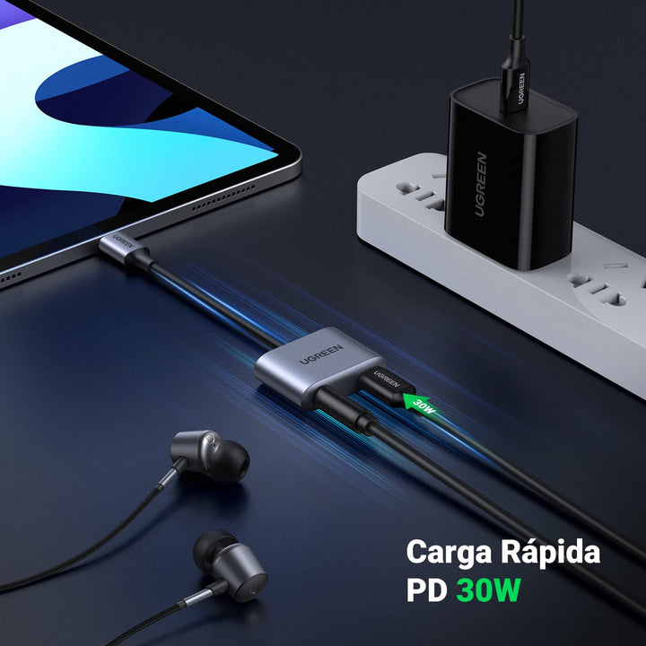 UGREEN Adaptador USB C a Jack 3.5 mm y 30W Cargador PD Carga Rapida