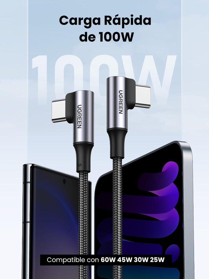 UGREEN Cable USB C PD 100W, Cable USB Tipo C Carga Rápida 90 Grados