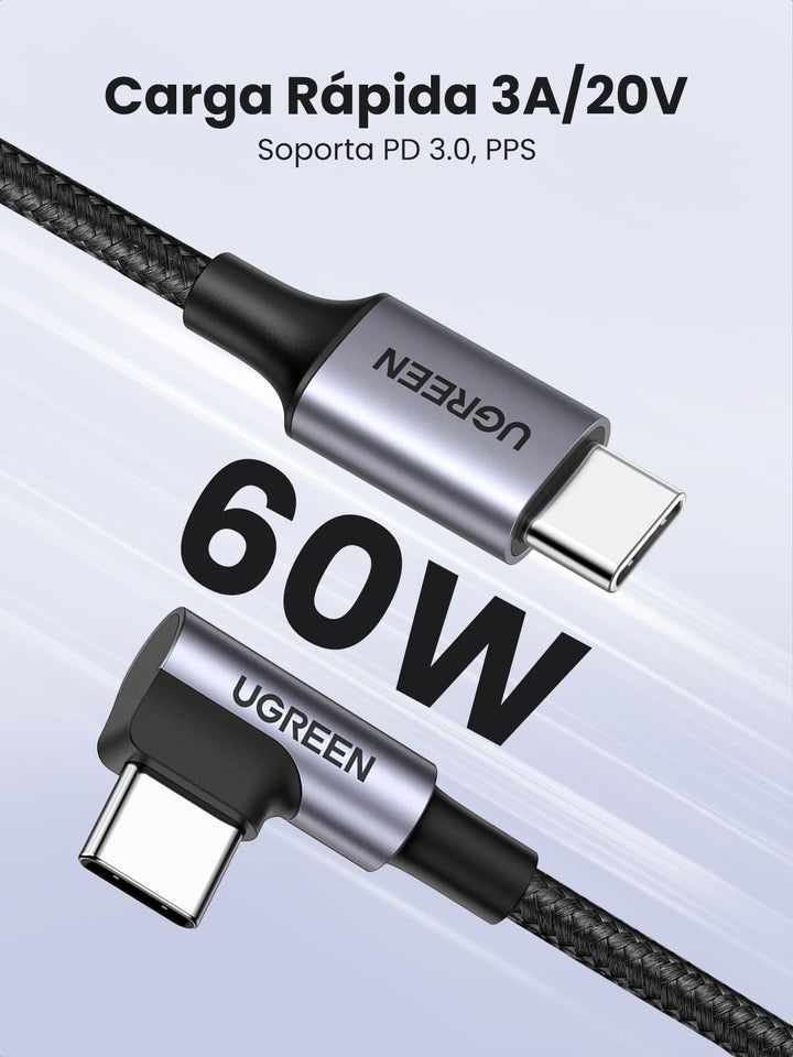 UGREEN Cable Tipo C de 60W con Ángulo Recto y PD 3.0
