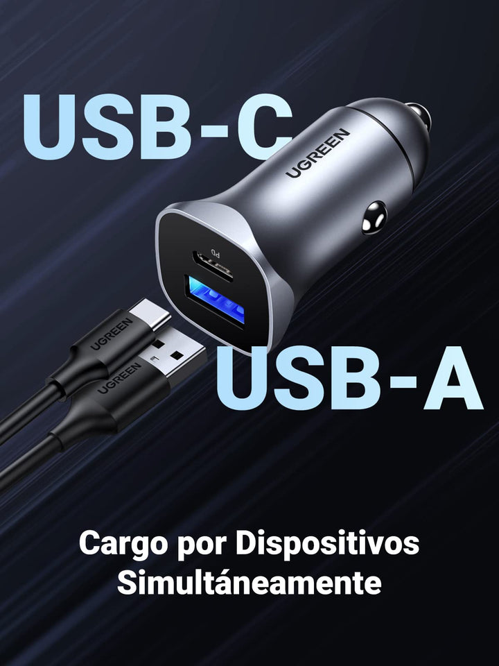 UGREEN Cargador Coche PD 3.0 20W + QC 3.0 18W Puerta Doble USB C USB A