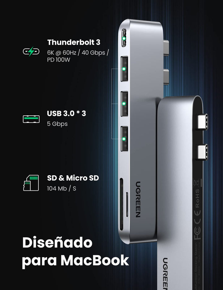 UGREEN HUB 6 En 2, Adaptador a 3 Puertos USB 3.0