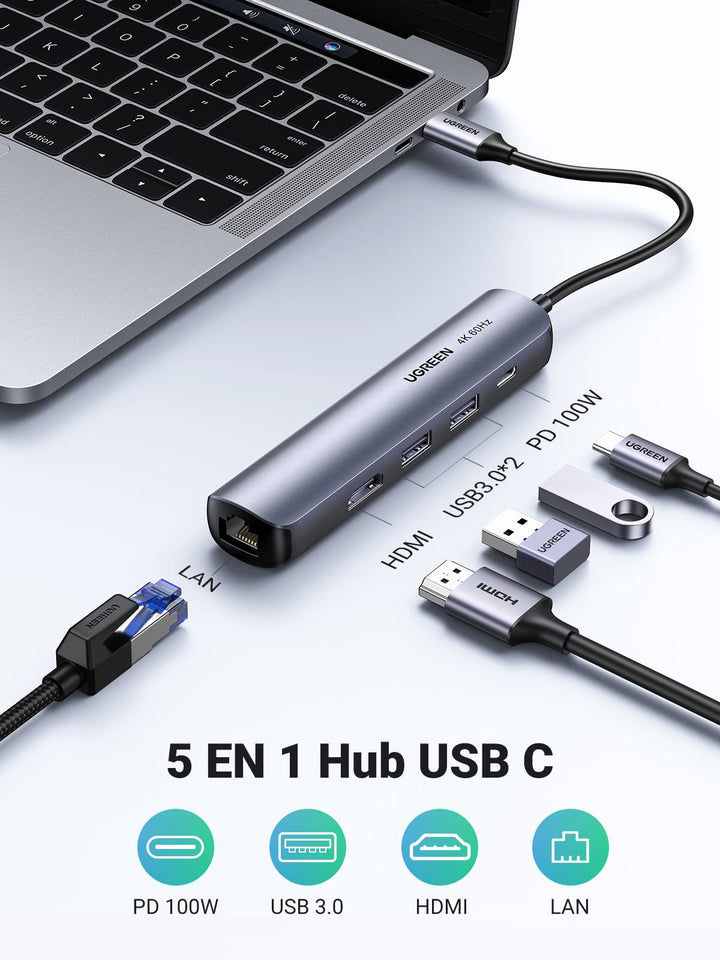 UGREEN Hub USB C 5 En 1 Adaptador USB C a HDMI 4K Gigabit Ethernet