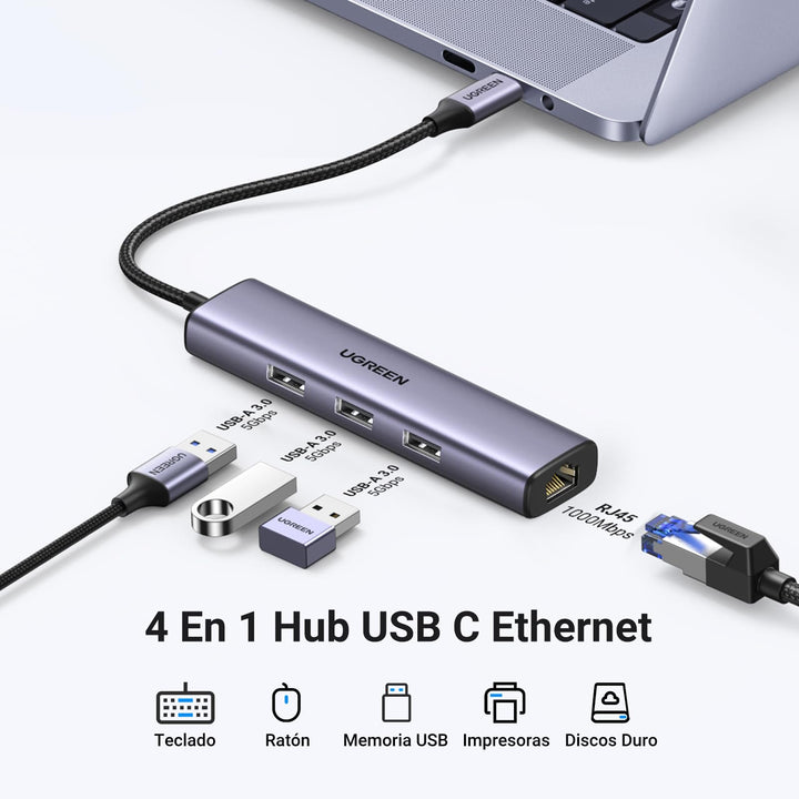 UGREEN Hub USB C a Ethernet 4 en 1 1000 Mbps Adaptador Thunderbolt 3