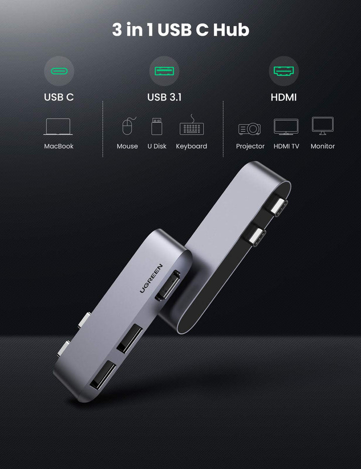 UGREEN HUB USB C HDMI 4K 60Hz, Adaptador USB C a 2 USB 3.1