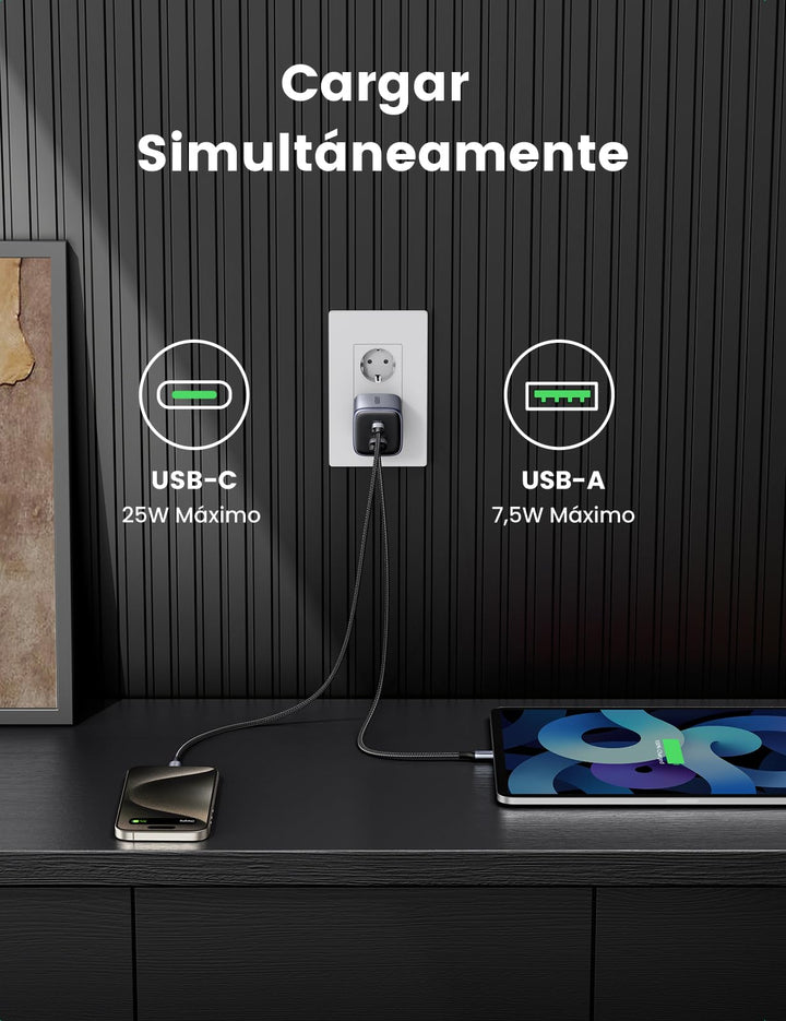 UGREEN Nexode Cargador USB C GAN de 35W, Cargador USB A de 22,5W