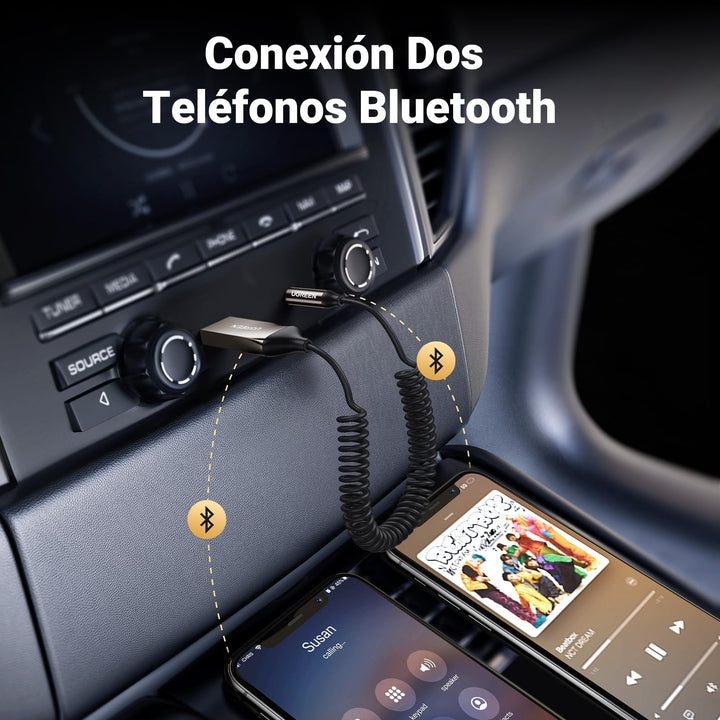 UGREEN Receptor Bluetooth 5.3 Adaptador Bluetooth para Coche AUX Audio Jack 3.5mm Coche Micrófono Incorporado, A2DP Estéreo Música y Llamadas Manos Libres en Automóvil, para Altavoz TV, Gris Oscuro