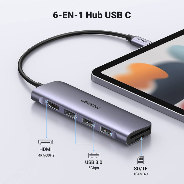 UGREEN Revodok Hub USB C 6 En 1 Adaptador USB C a HDMI 4K 3 Puertos