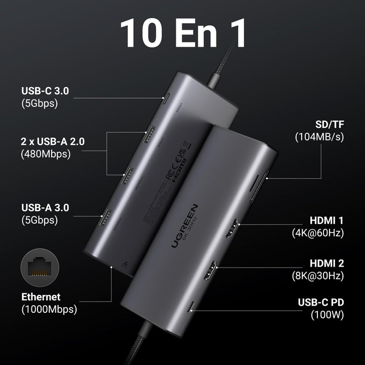 UGREEN Revodok Pro 210 Docking Station USB C 10 En 1 Doble HDMI