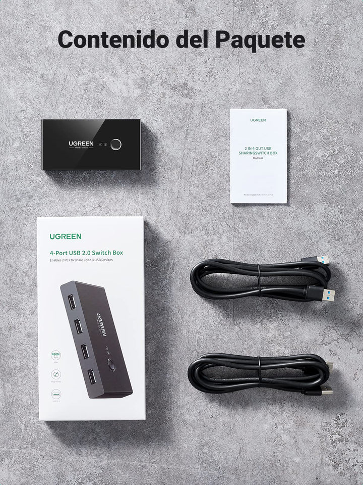 UGREEN Switch USB 2.0, Conmutador USB 2 Entradas y 4 Salidas