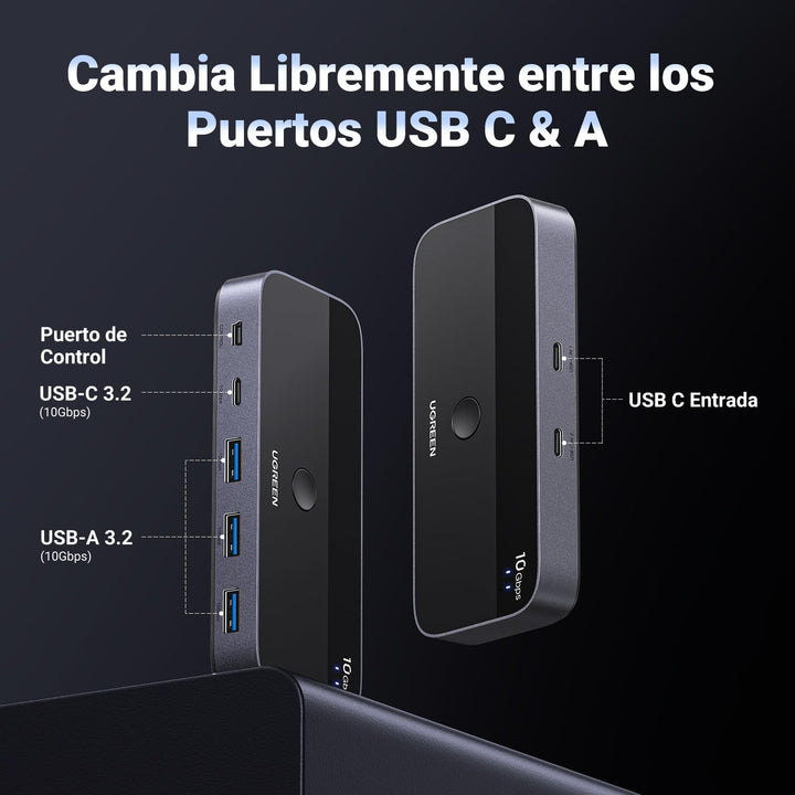 UGREEN Switch USB C 3.2 10Gbps 4 puertos Switch 2 Entradas 4 Salidas