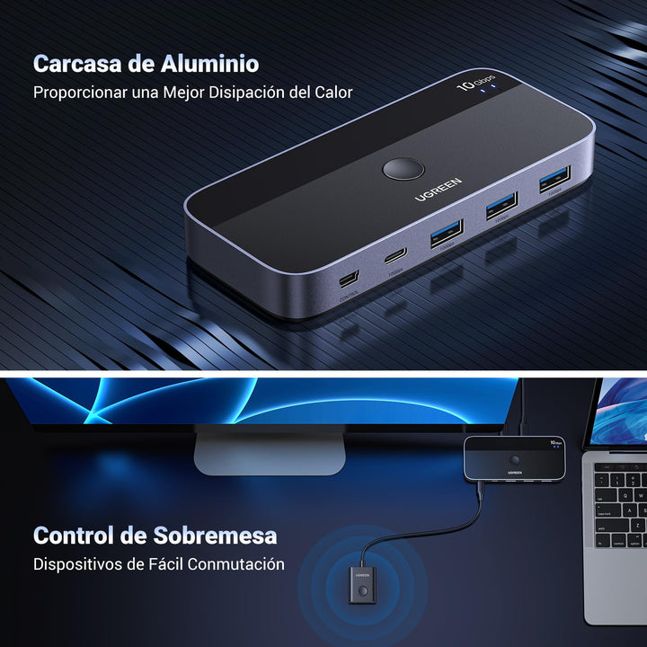 UGREEN Switch USB C 3.2 10Gbps 4 puertos Switch 2 Entradas 4 Salidas