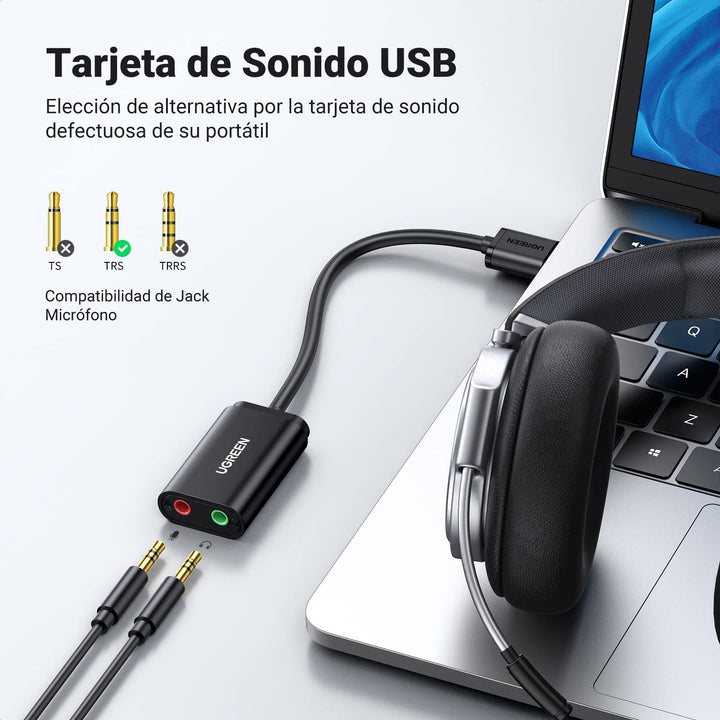 UGREEN Tarjeta de Sonido USB Externa Soporta Auriculares y Micrófono